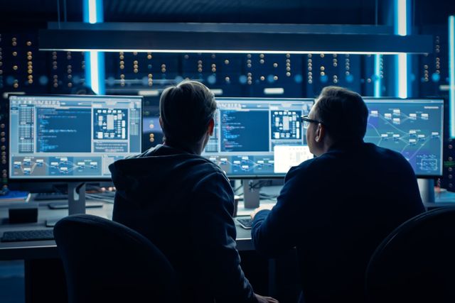Zwei professionelle IT-Programmierer diskutieren über Blockchain-Datennetzwerk-Architektur-Design und -Entwicklung, dargestellt auf einem Desktop-Computer-Display. Arbeiten Data Center Technische Abteilung mit Server-Racks
